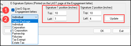 Image of E-Signature options under setup > Page Layout 